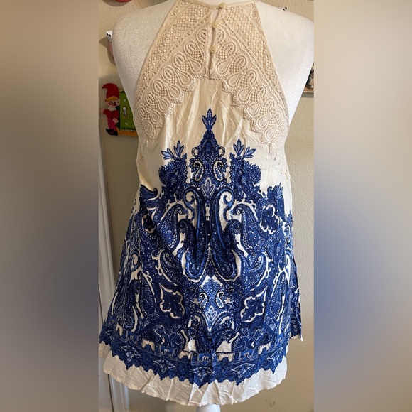 Free People Blue Paisley Lace Halter Mini Dress Boho Coastal Grandma Resort XS - Picture 4 of 10